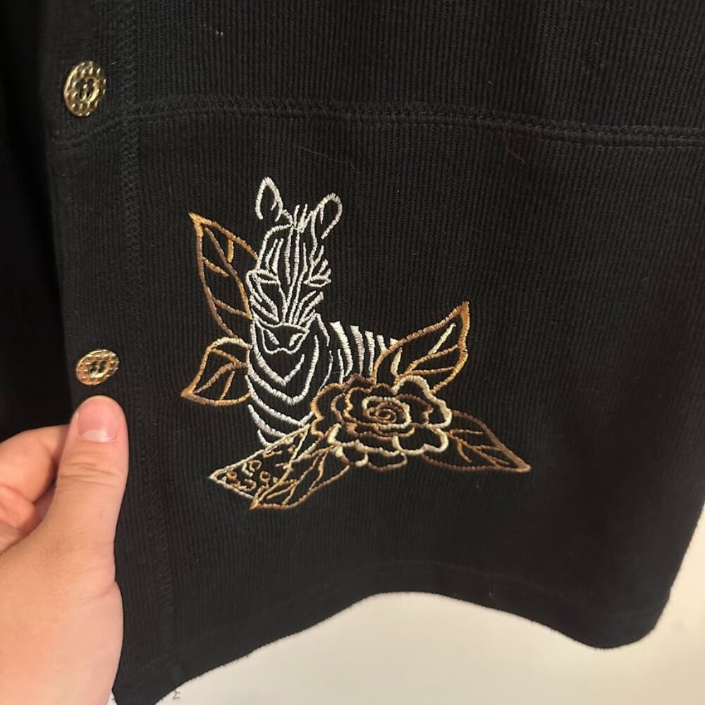 Vintage Teddi Embroidered Zebra Jacket | Black Ribbed Gold Silver | Sz Medium - Picture 3 of 8
